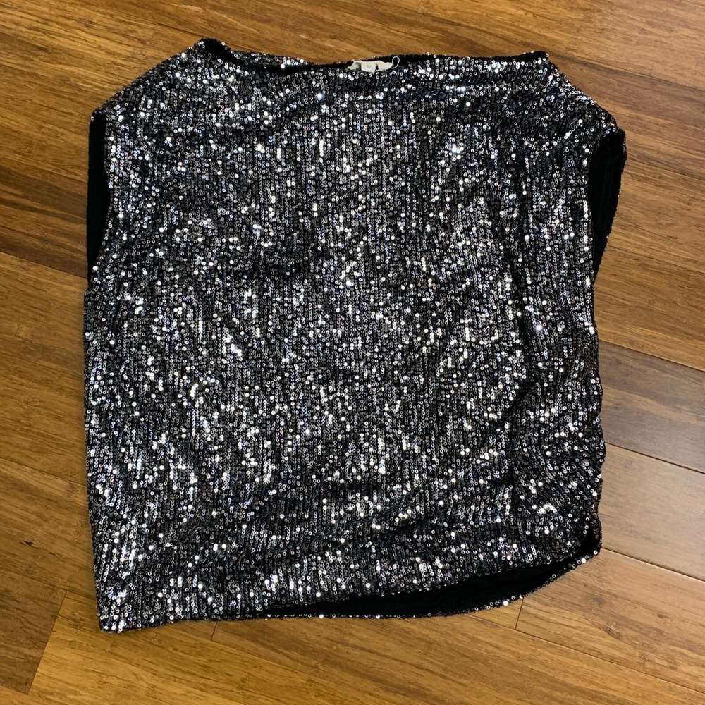 Elan Sequin‎ Top Womens Size Medium Sleeveless Blouse Party Sparkle Ruched Black
